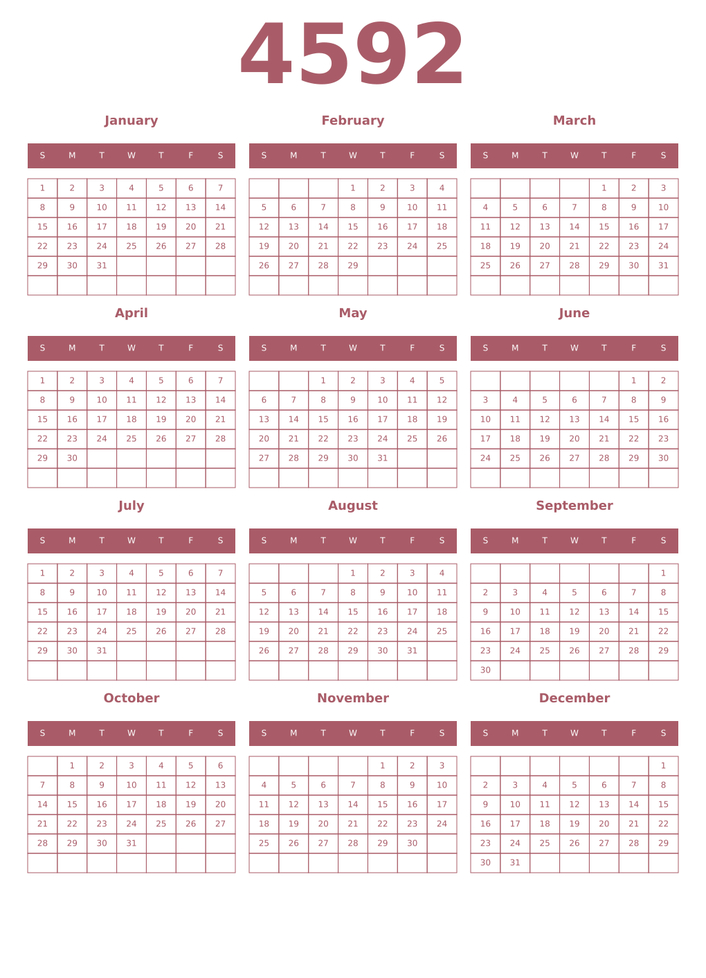 Printable 4592 Year Calendars puce