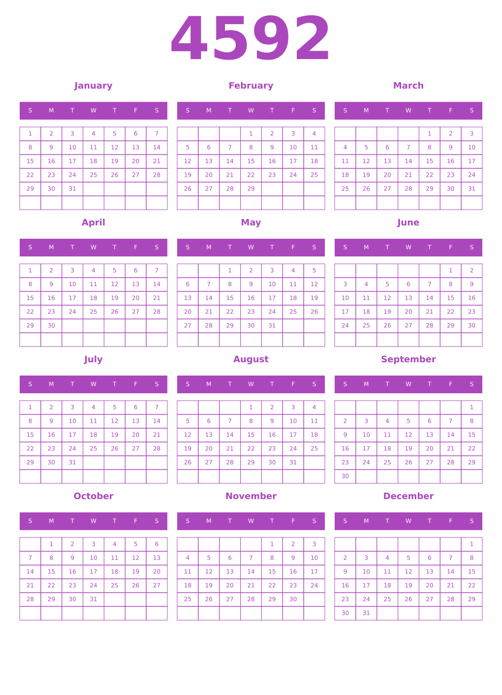 Printable 4592 Year Calendars purple