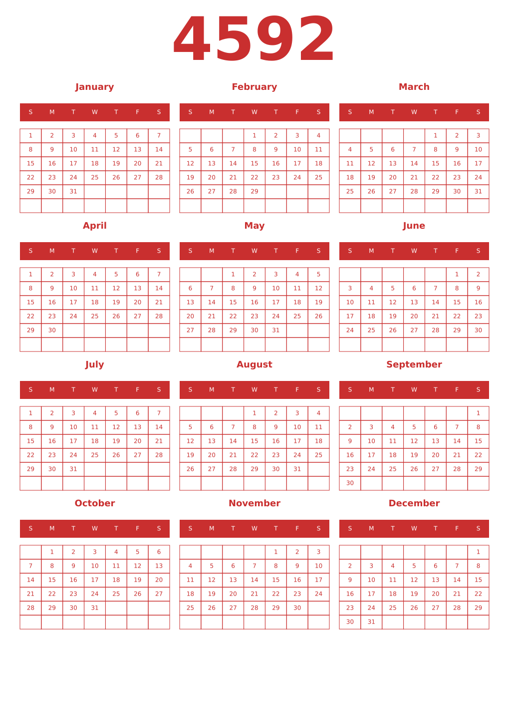 Printable 4592 Year Calendars red