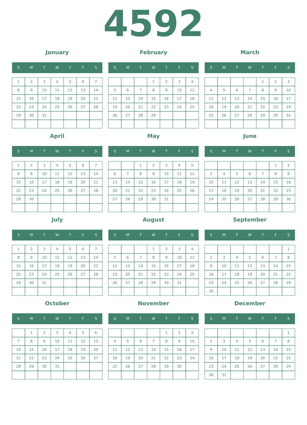 Printable 4592 Year Calendars viridian