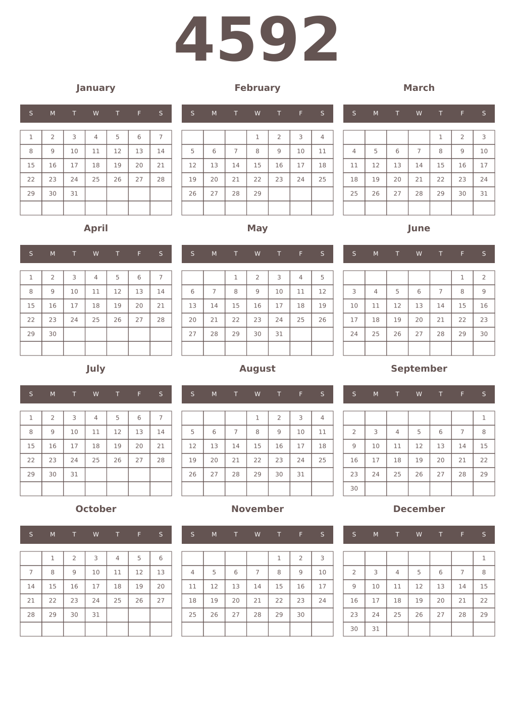 Printable 4592 Year Calendars wenge