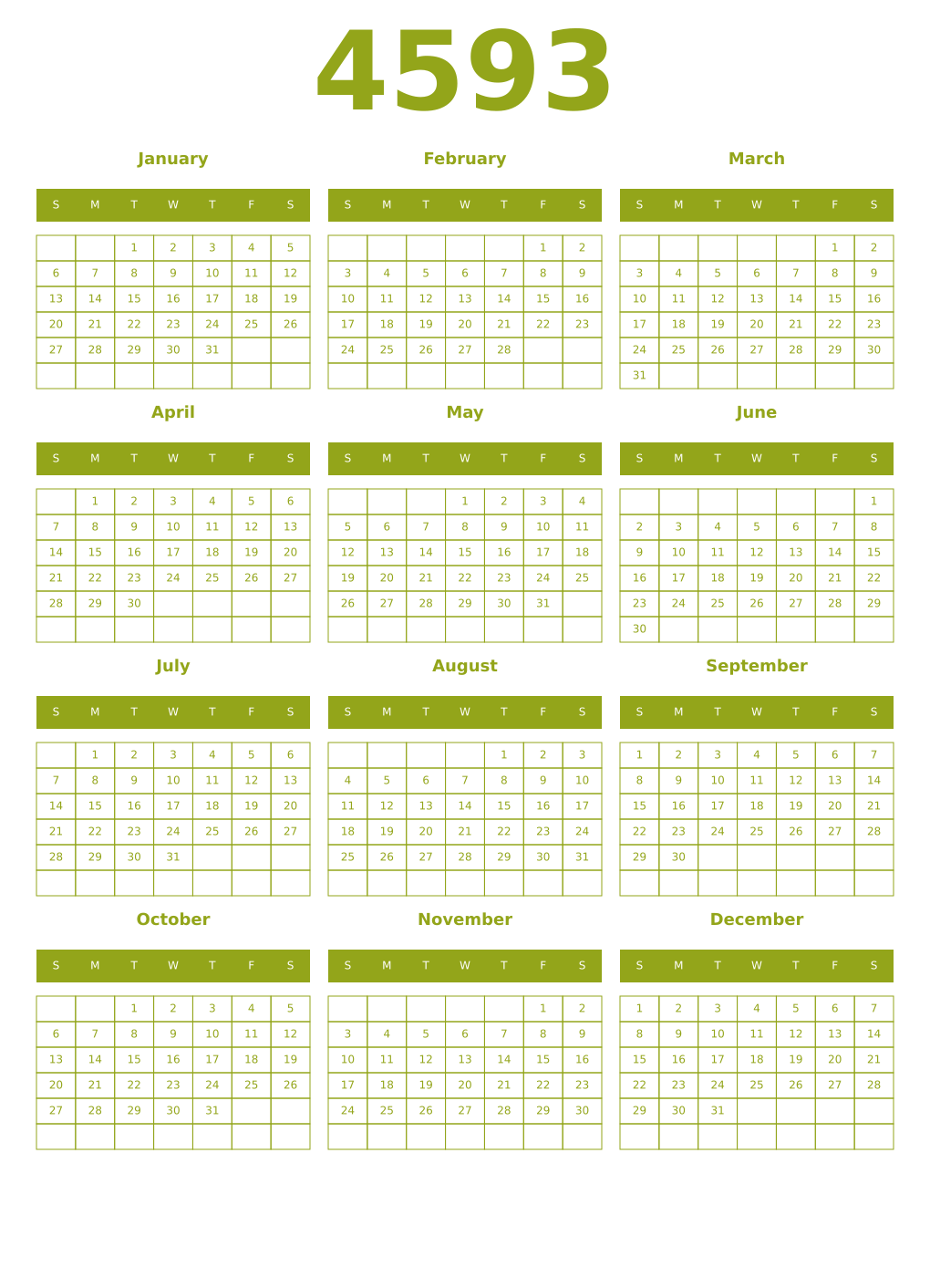 Printable 4593 Year Calendars chartreuse