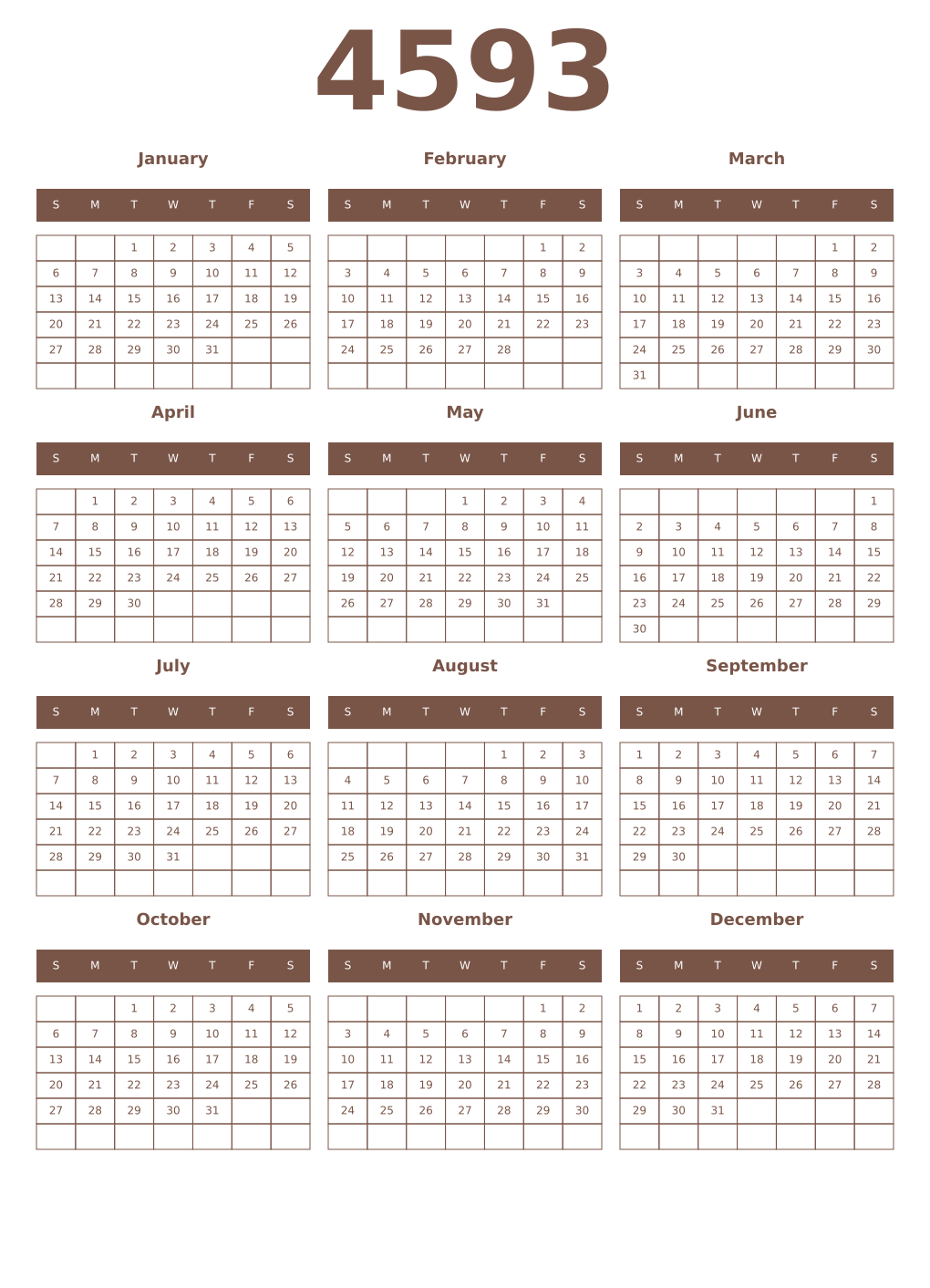 Printable 4593 Year Calendars coffe