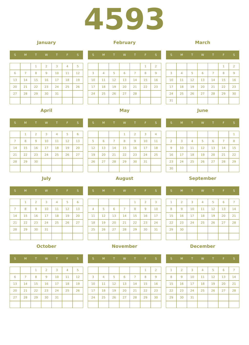 Printable 4593 Year Calendars eburnean