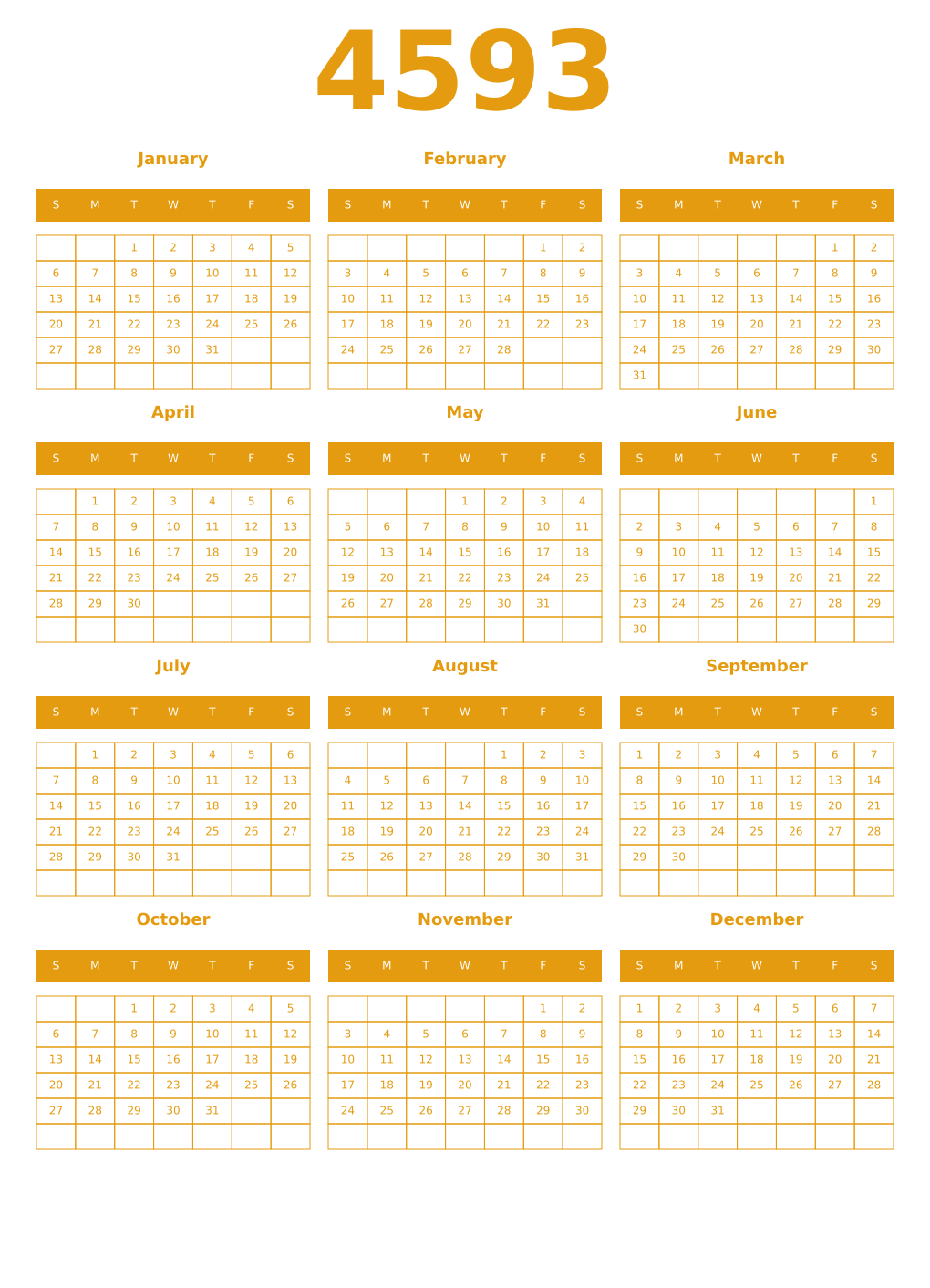 Printable 4593 Year Calendars gamboge