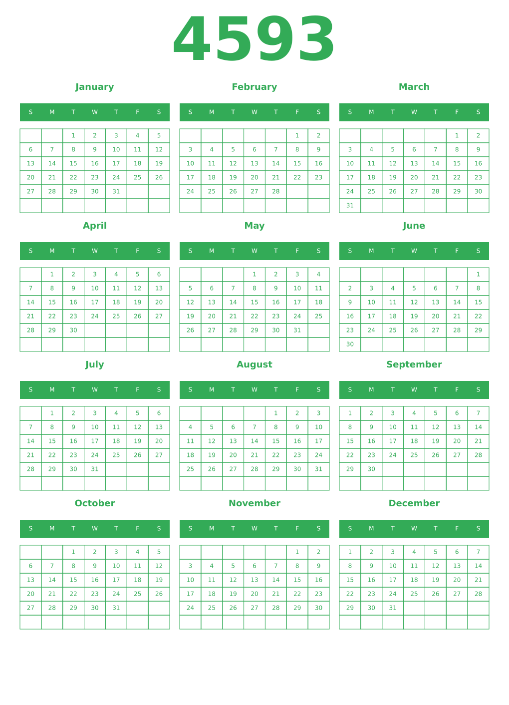 Printable 4593 Year Calendars green