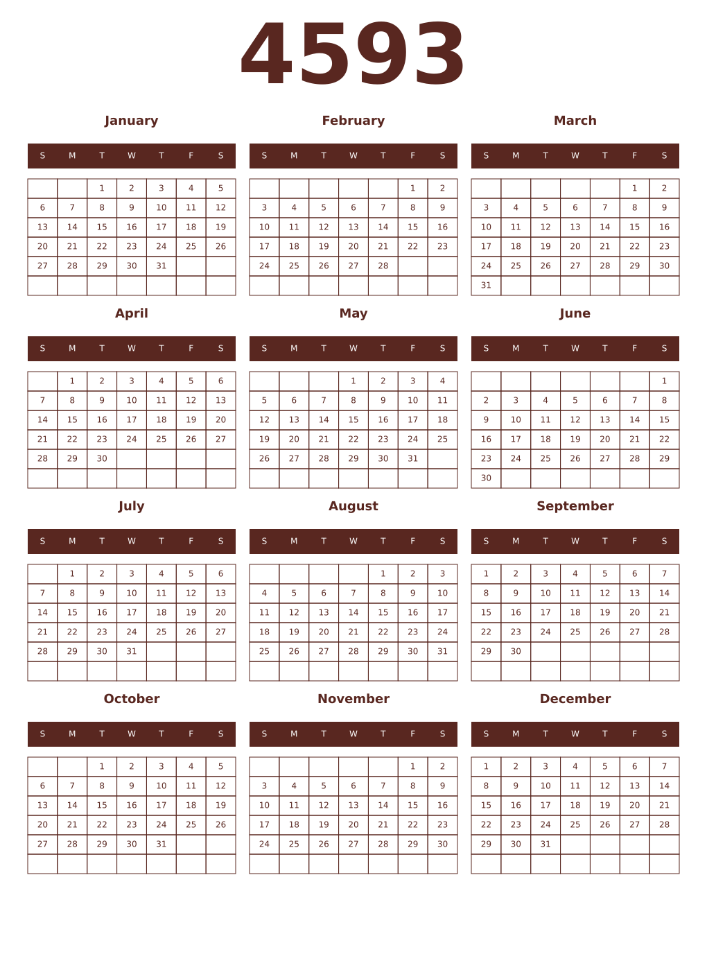 Printable 4593 Year Calendars mortuum
