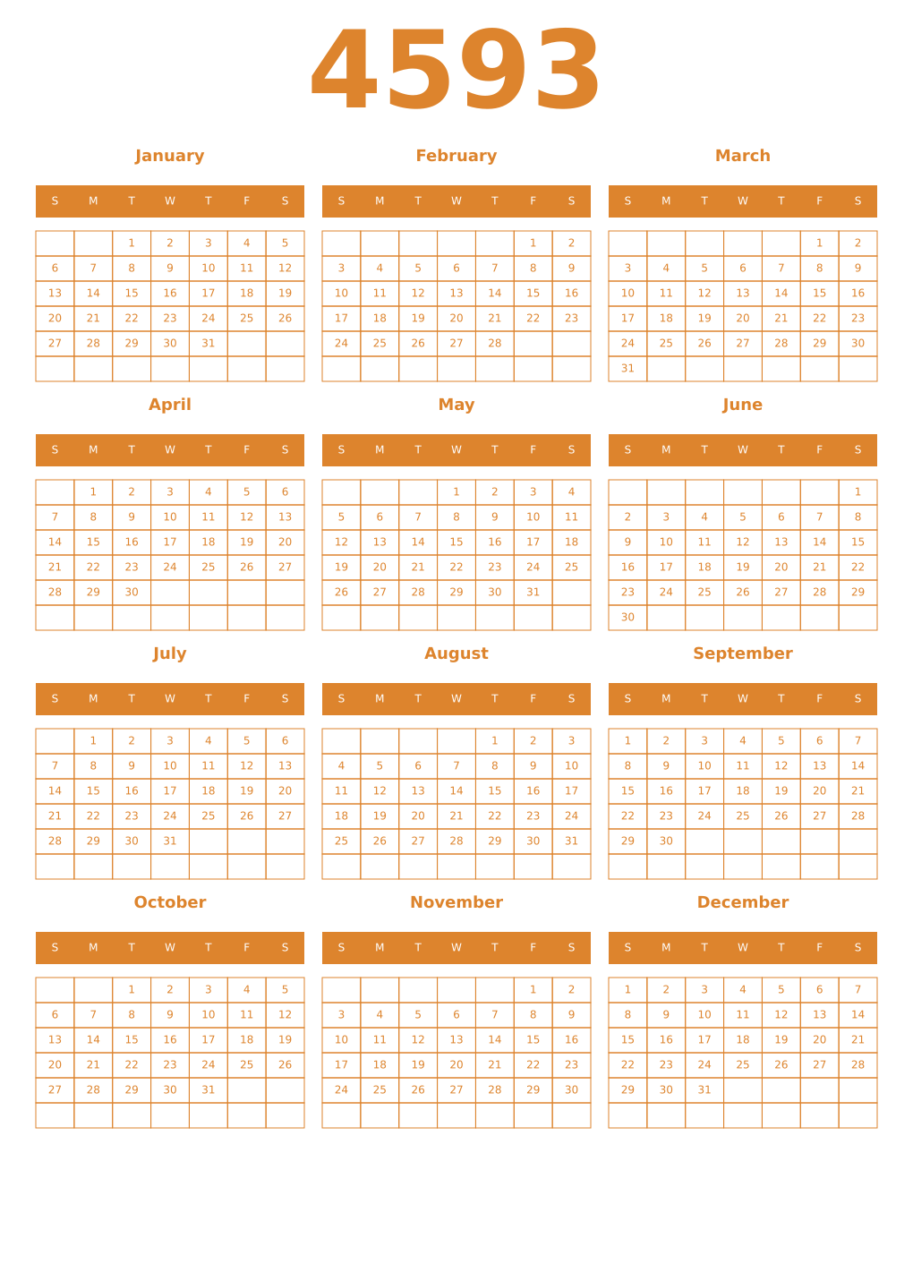 Printable 4593 Year Calendars orange