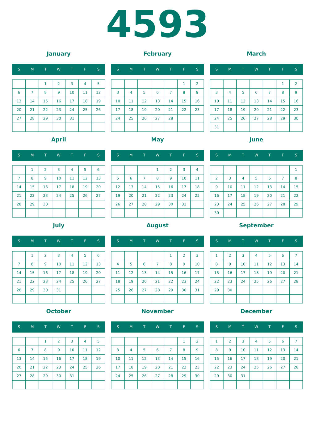 Printable 4593 Year Calendars pastel