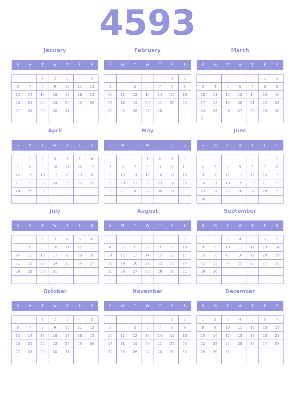 Printable 4593 Year Calendars periwinkle