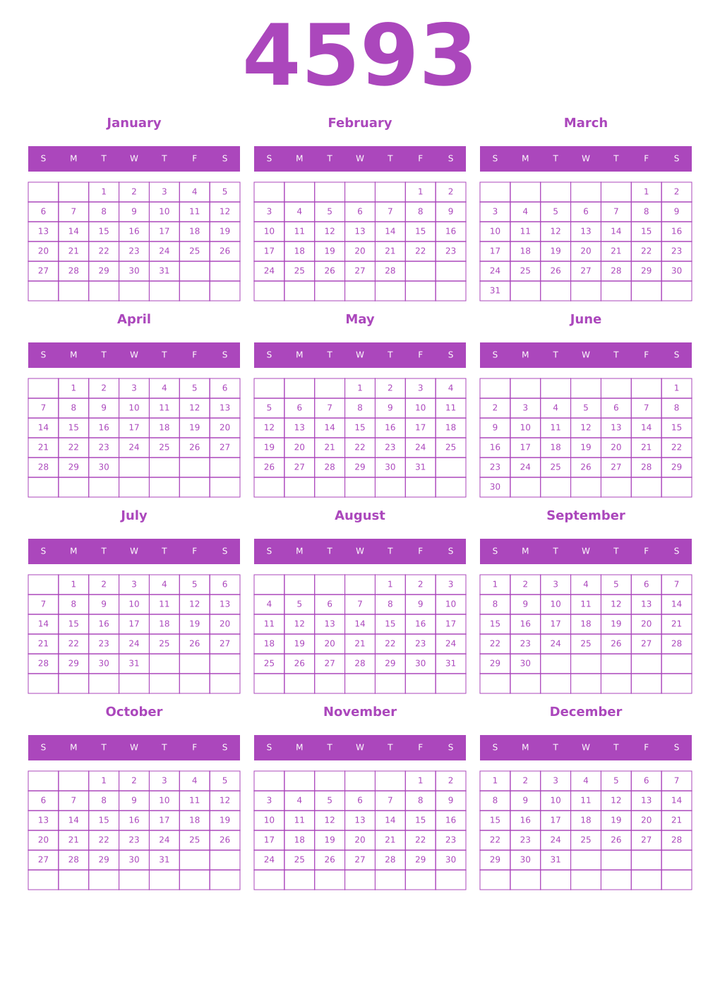 Printable 4593 Year Calendars purple