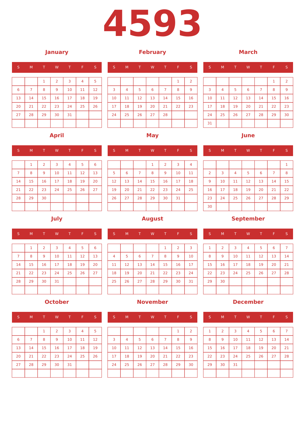 Printable 4593 Year Calendars red