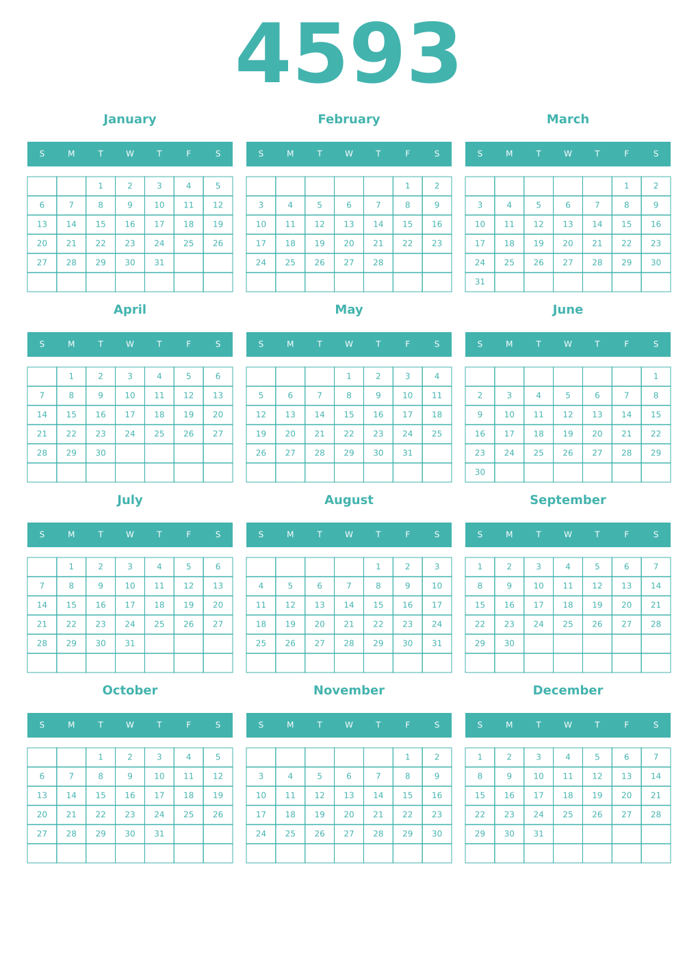 Printable 4593 Year Calendars verdigris