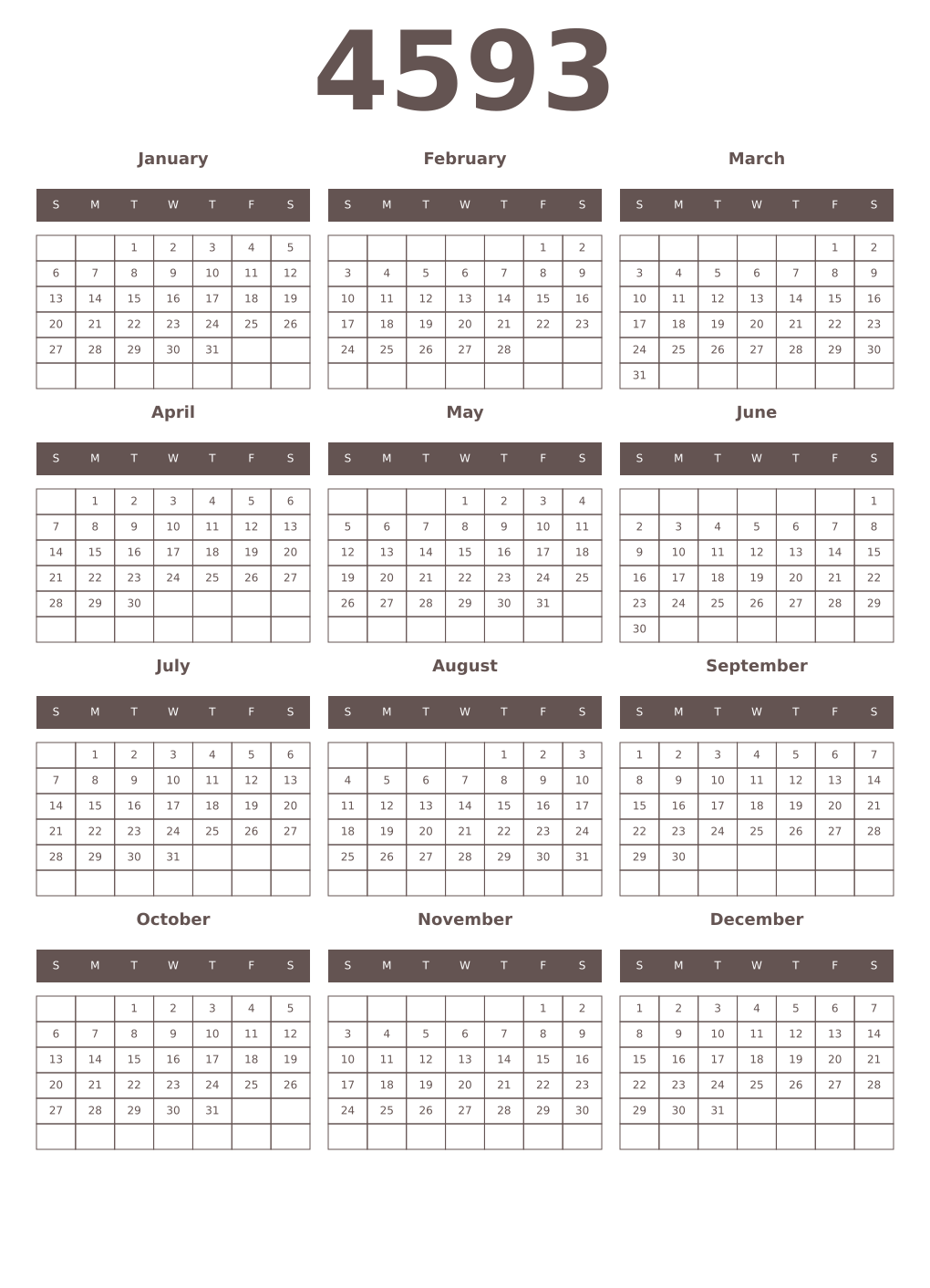 Printable 4593 Year Calendars wenge