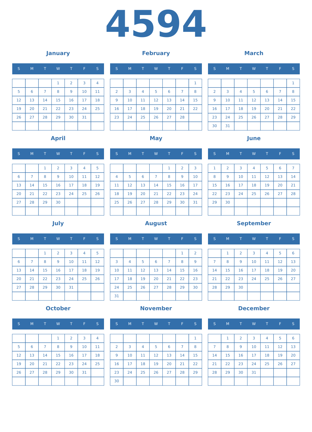 Printable 4594 Year Calendars blue