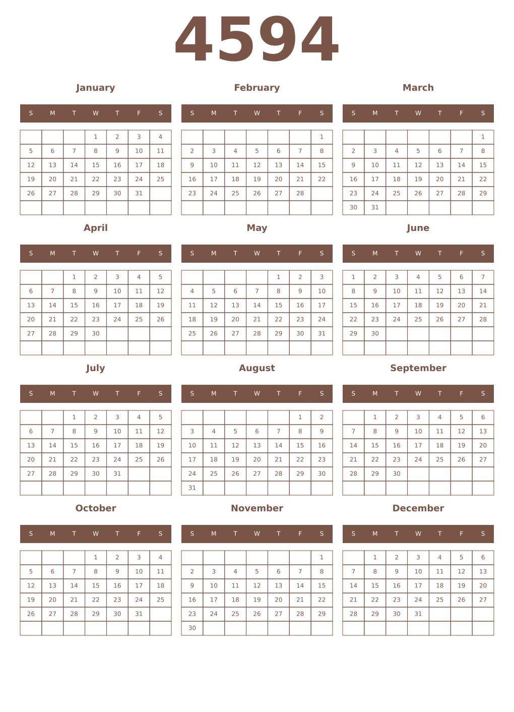 Printable 4594 Year Calendars coffe