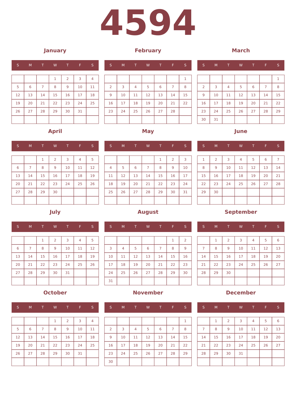 Printable 4594 Year Calendars cordovan