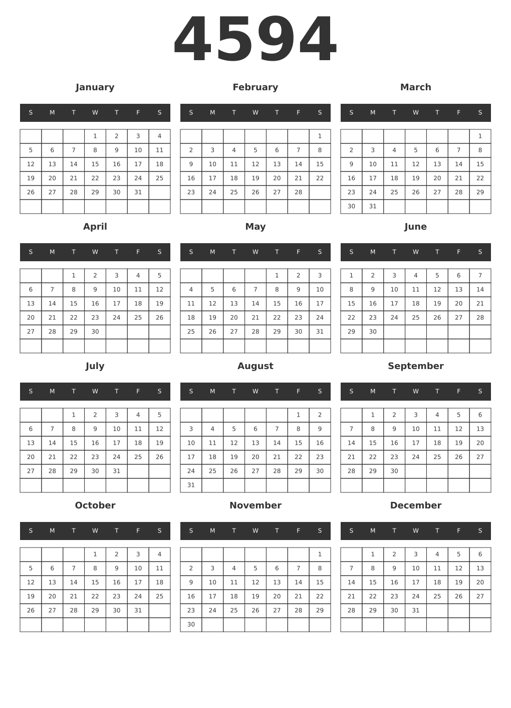 Printable 4594 Year Calendars dark