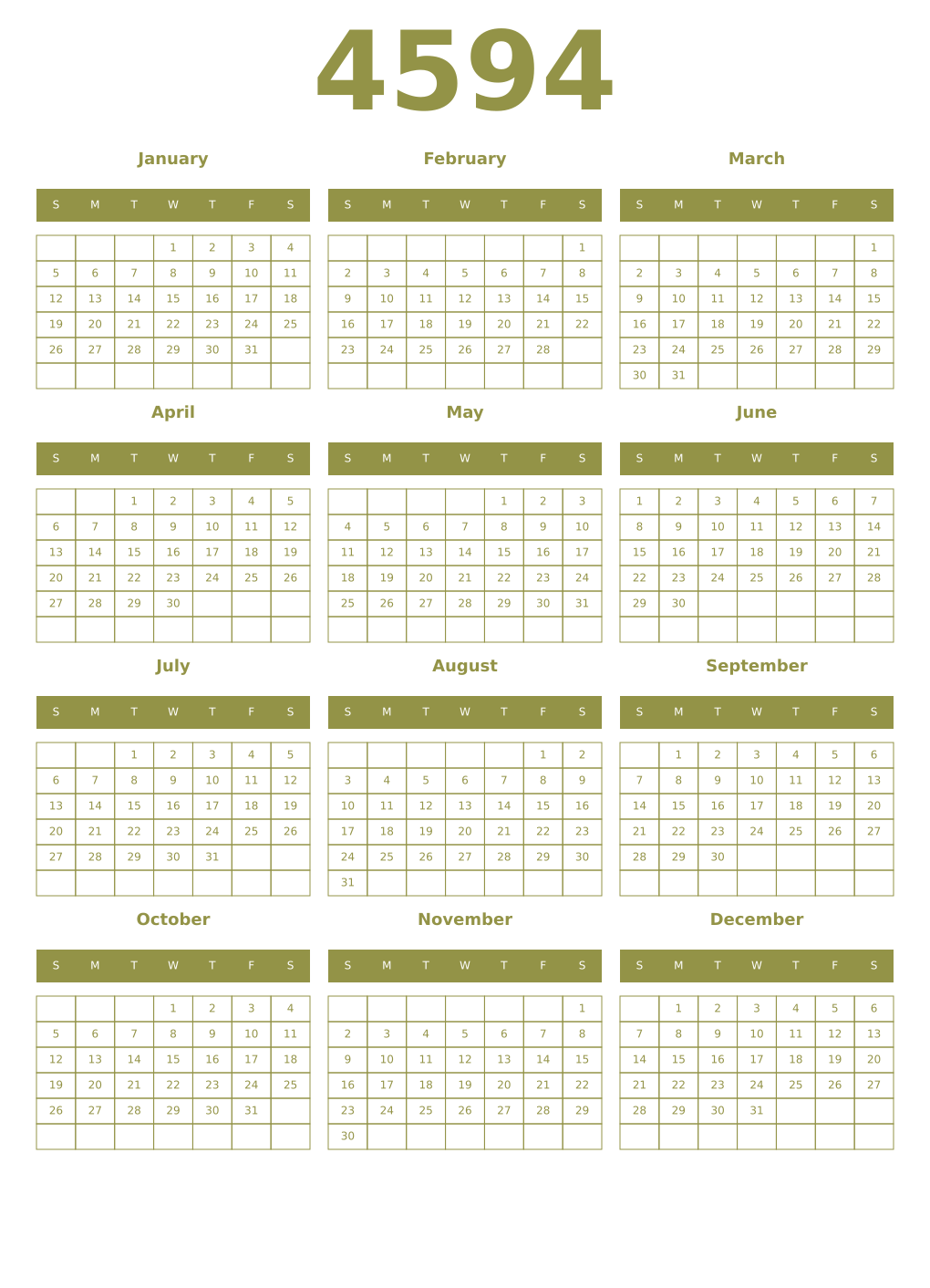 Printable 4594 Year Calendars eburnean