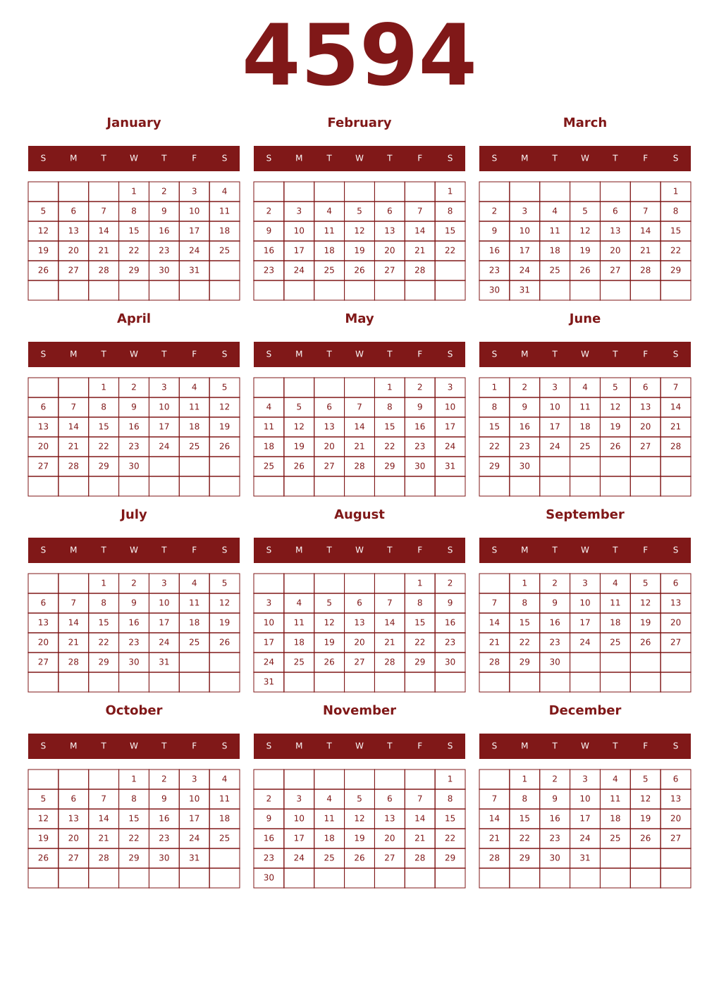 Printable 4594 Year Calendars falu