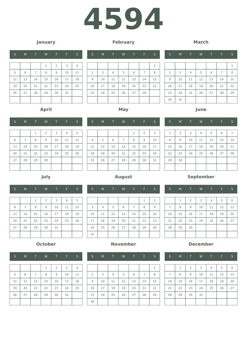 Printable 4594 Year Calendars feldgrau