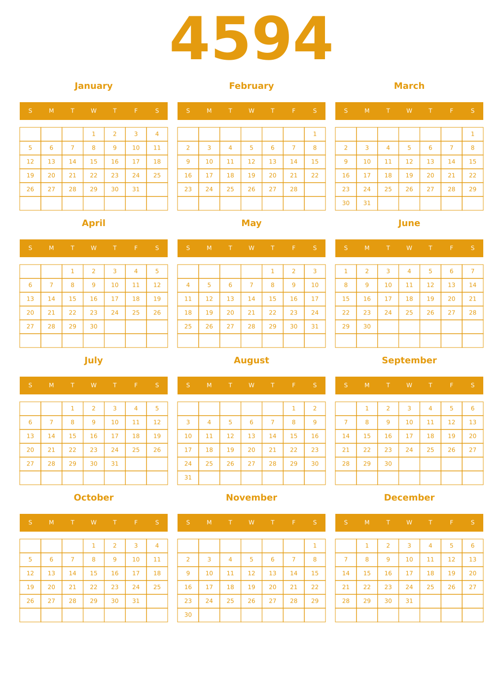 Printable 4594 Year Calendars gamboge