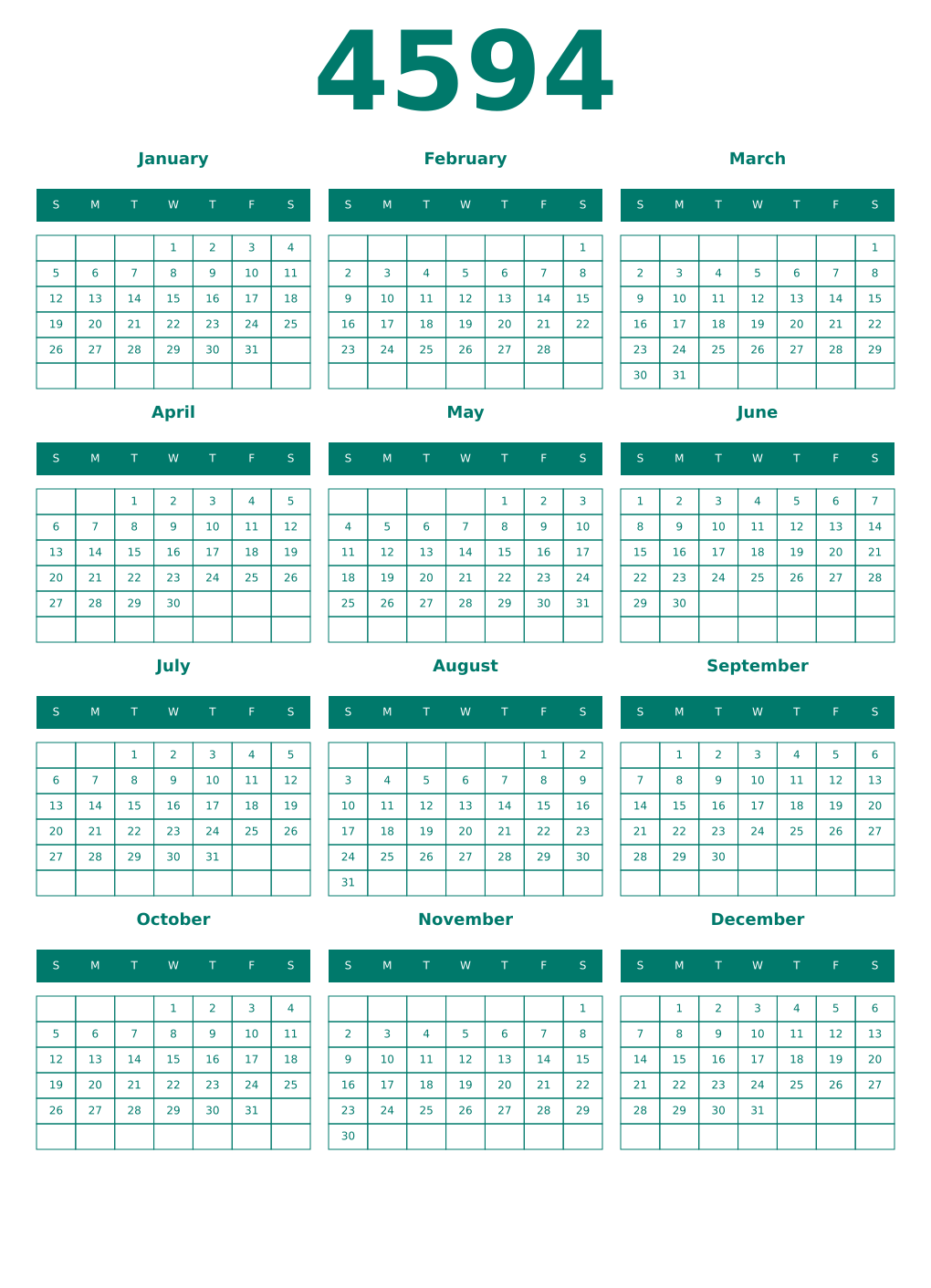 Printable 4594 Year Calendars pastel