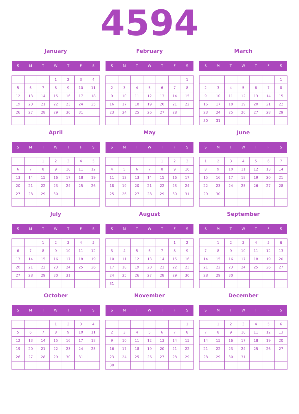 Printable 4594 Year Calendars purple