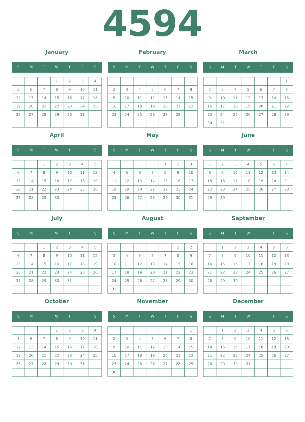 Printable 4594 Year Calendars viridian