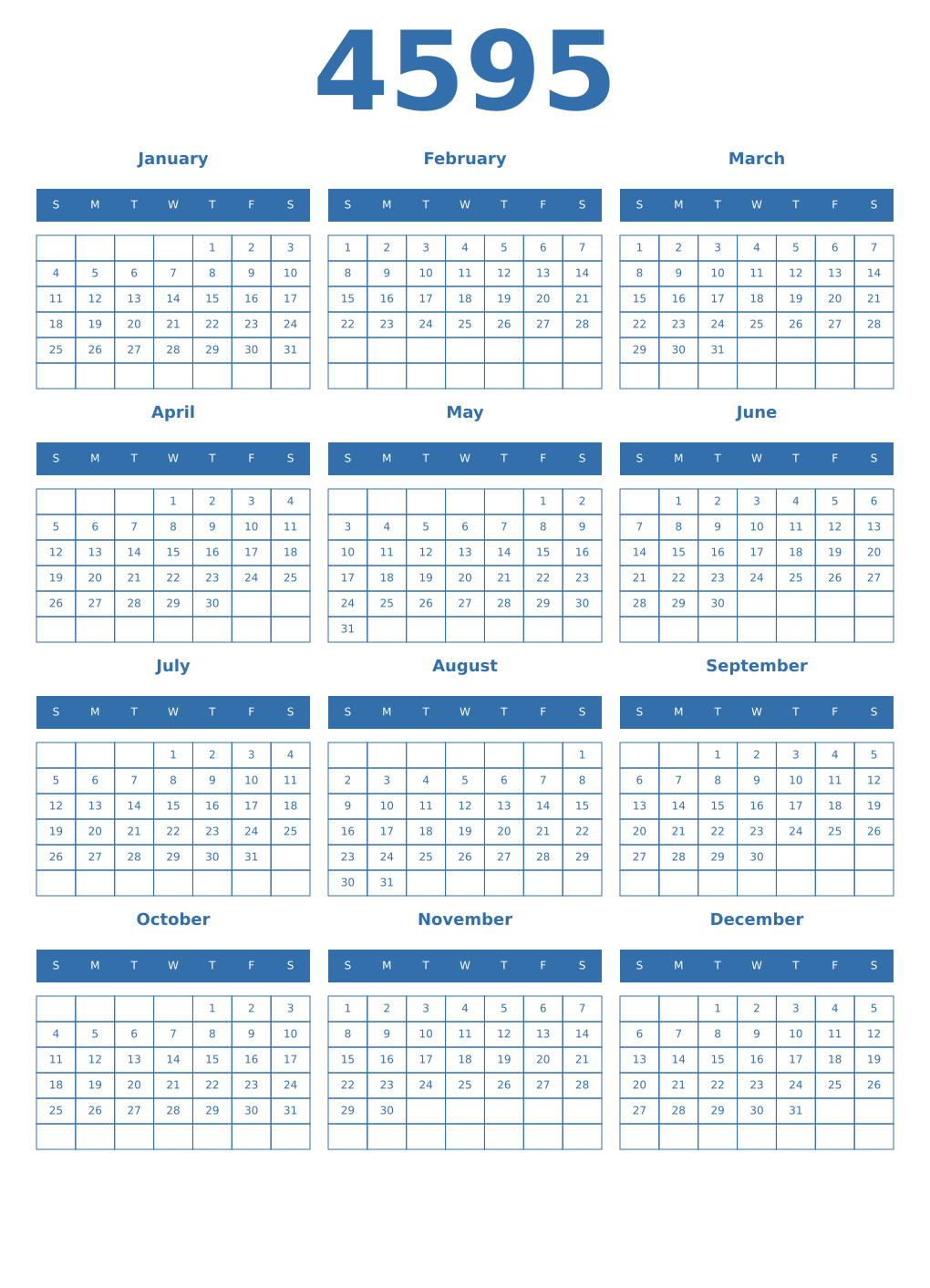 Printable 4595 Year Calendars blue