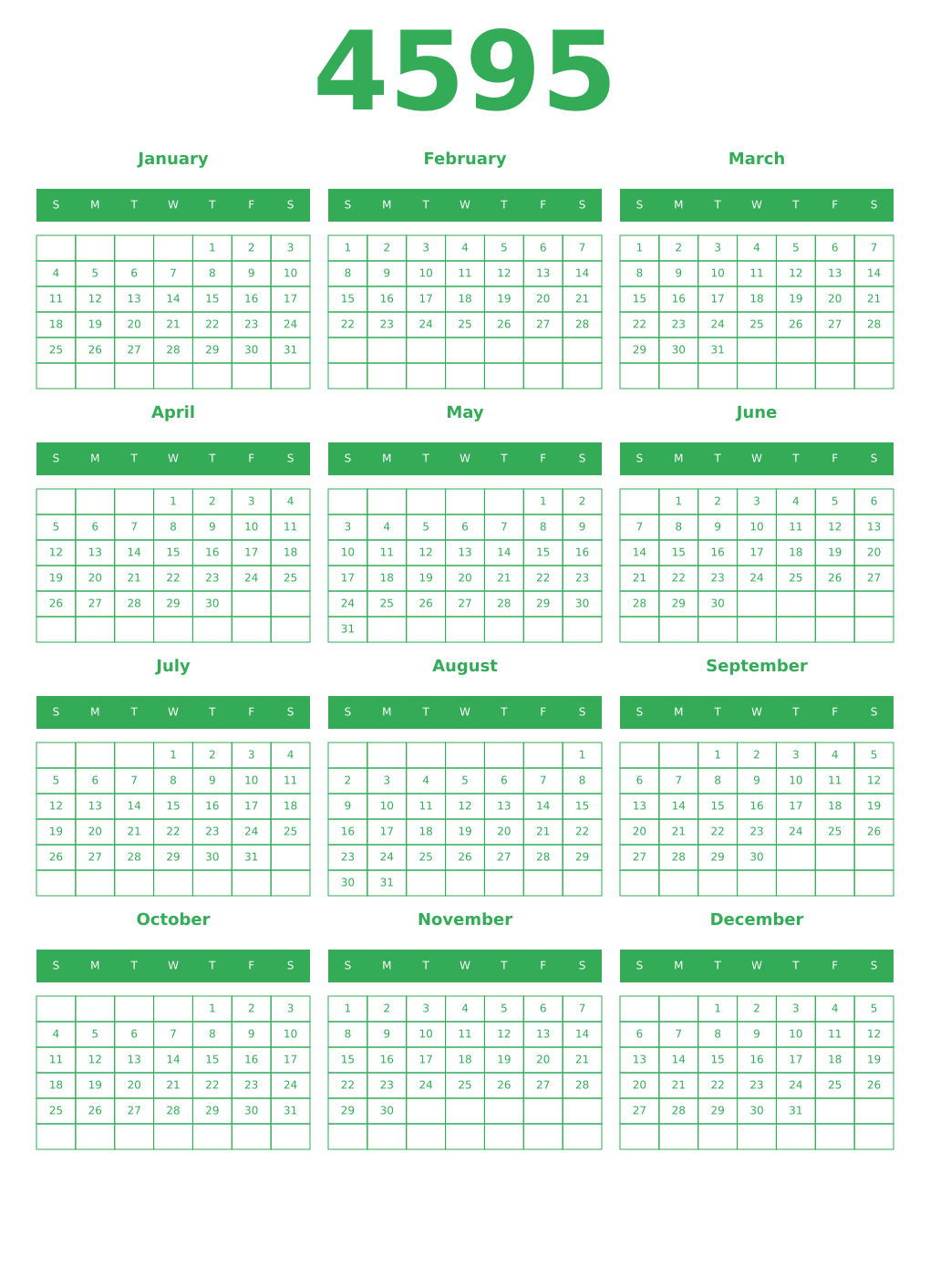 Printable 4595 Year Calendars green