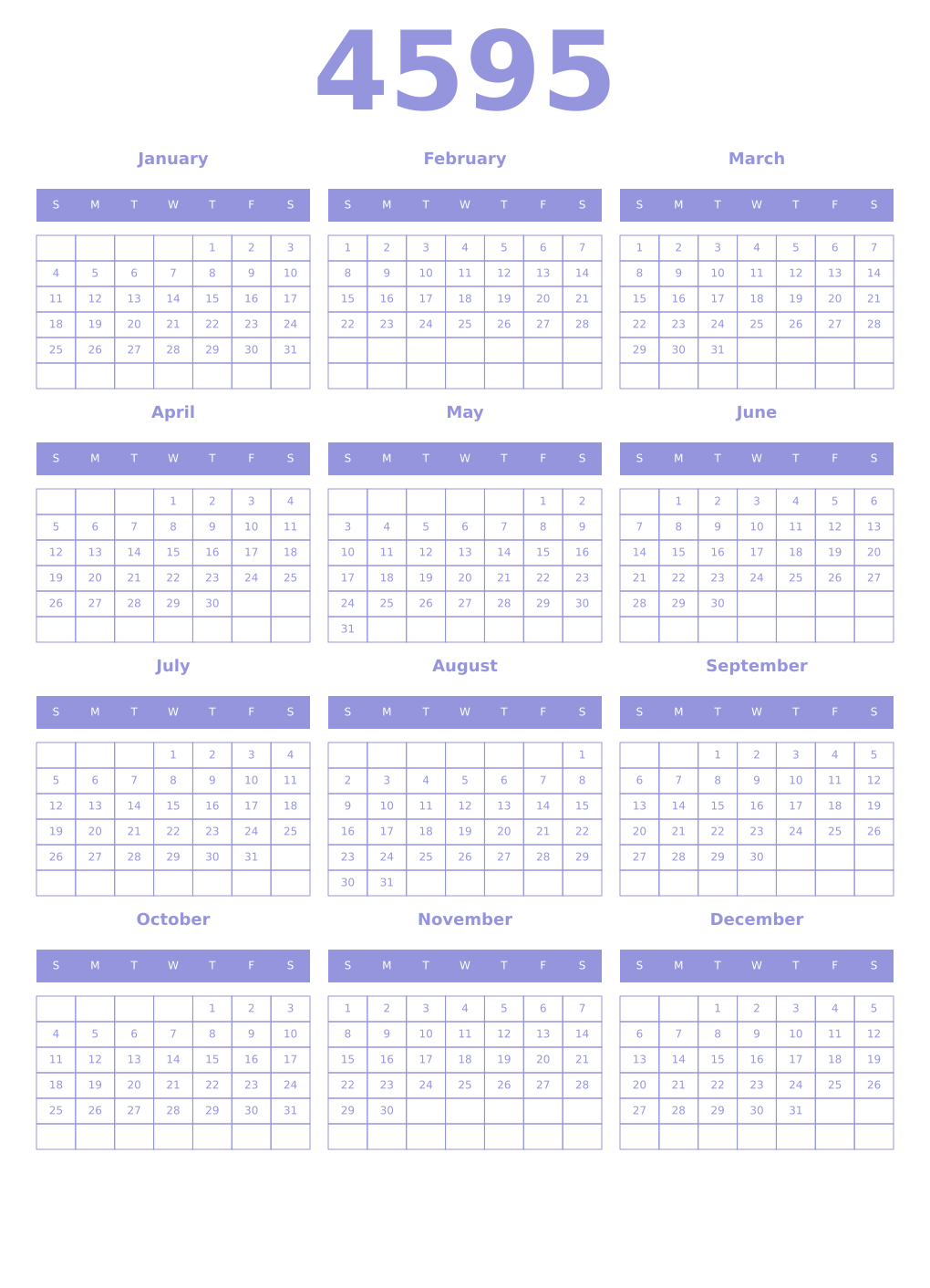 Printable 4595 Year Calendars periwinkle