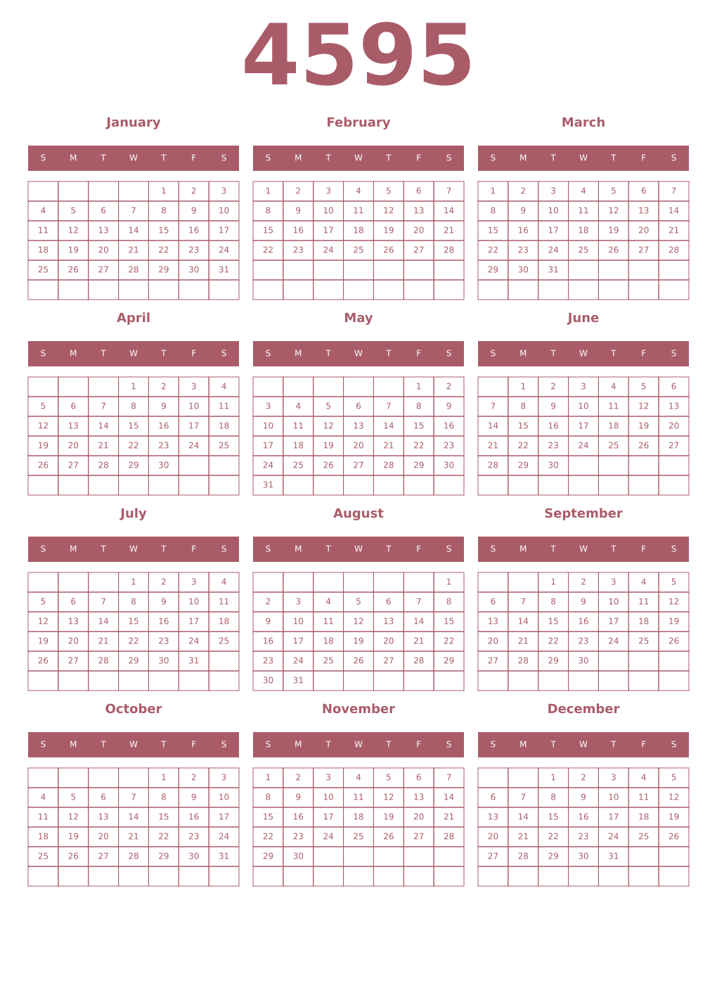 Printable 4595 Year Calendars puce