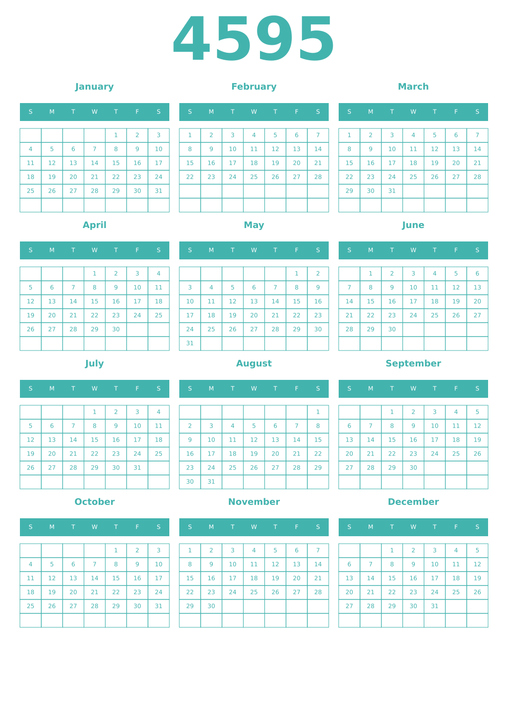 Printable 4595 Year Calendars verdigris