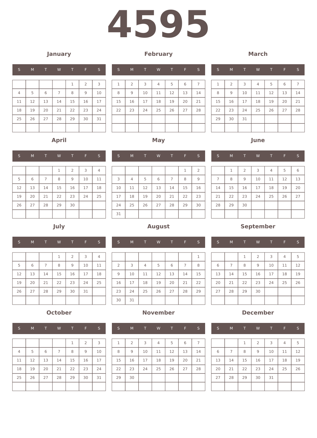 Printable 4595 Year Calendars wenge