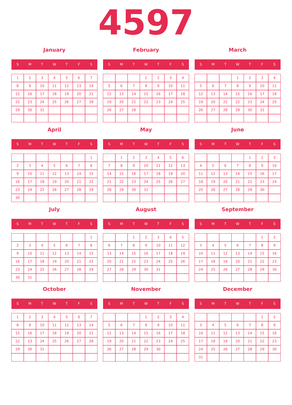 Printable 4597 Year Calendars amaranth