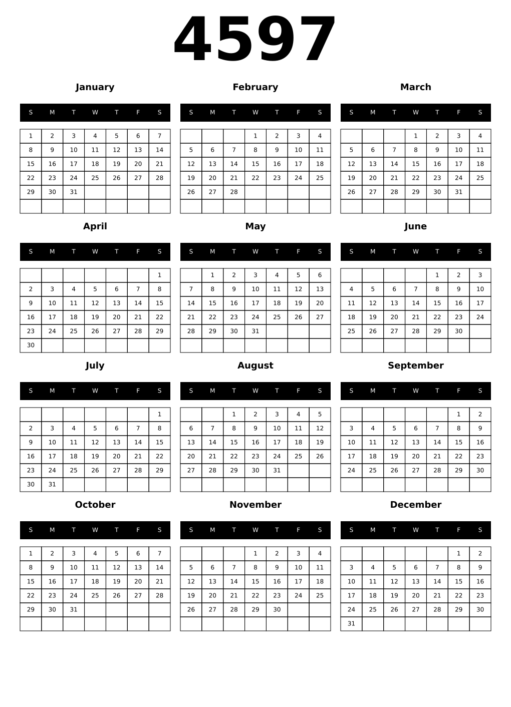 Printable 4597 Year Calendars black