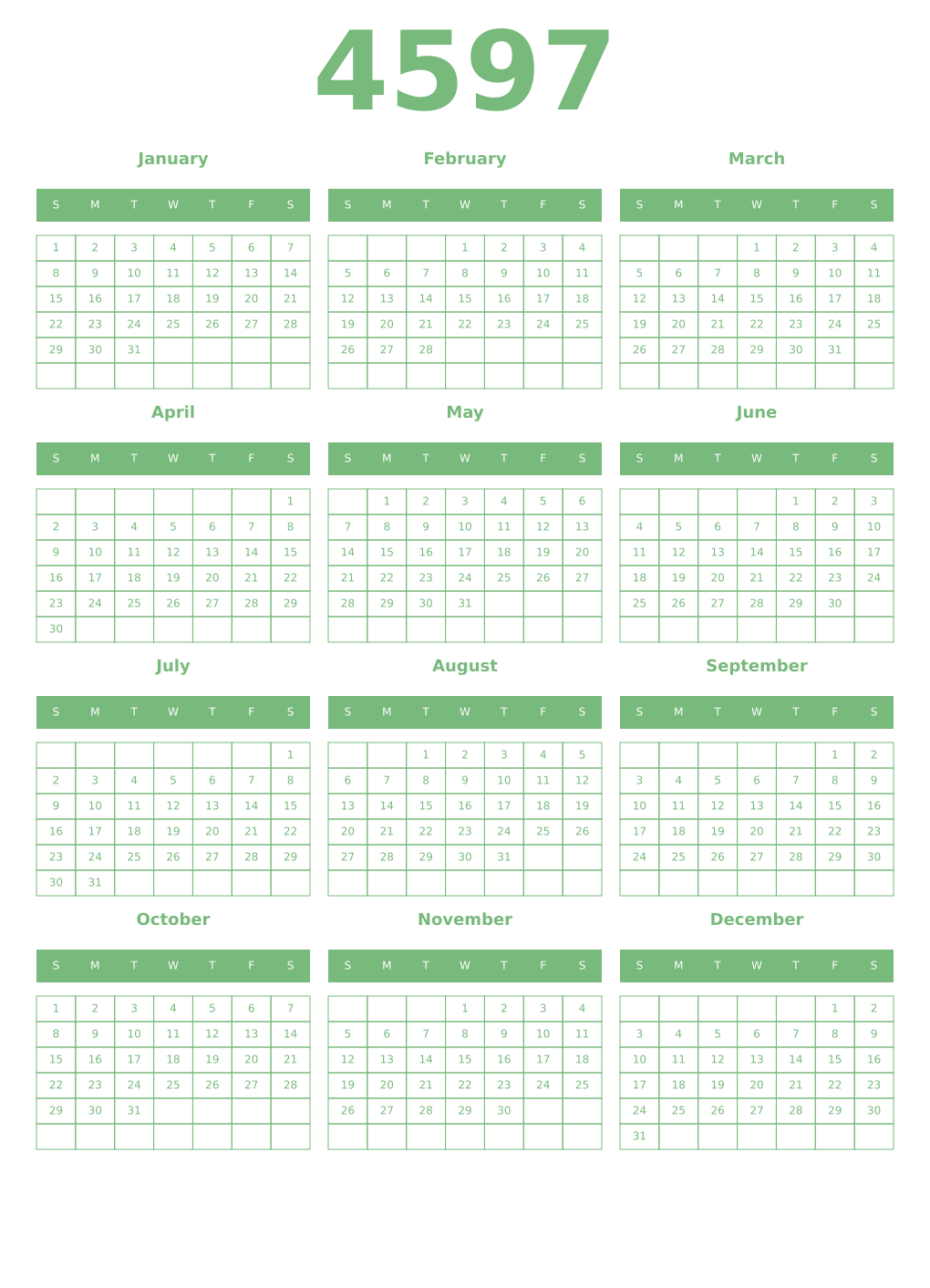 Printable 4597 Year Calendars celadon