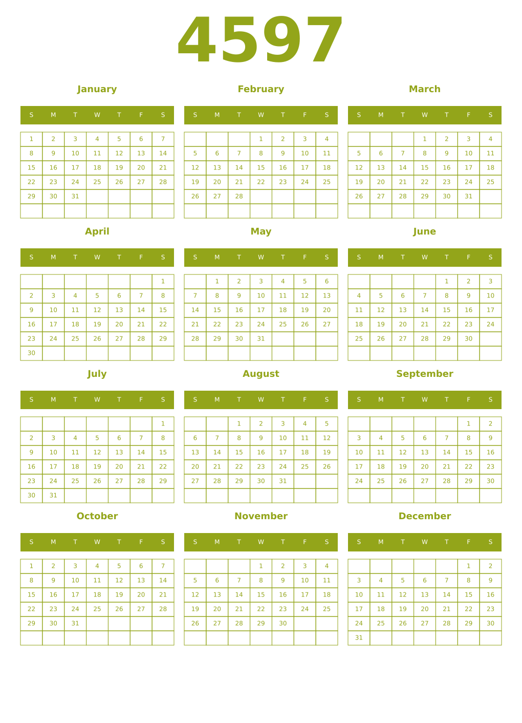 Printable 4597 Year Calendars chartreuse