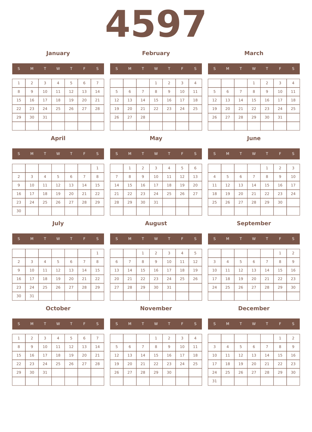 Printable 4597 Year Calendars coffe