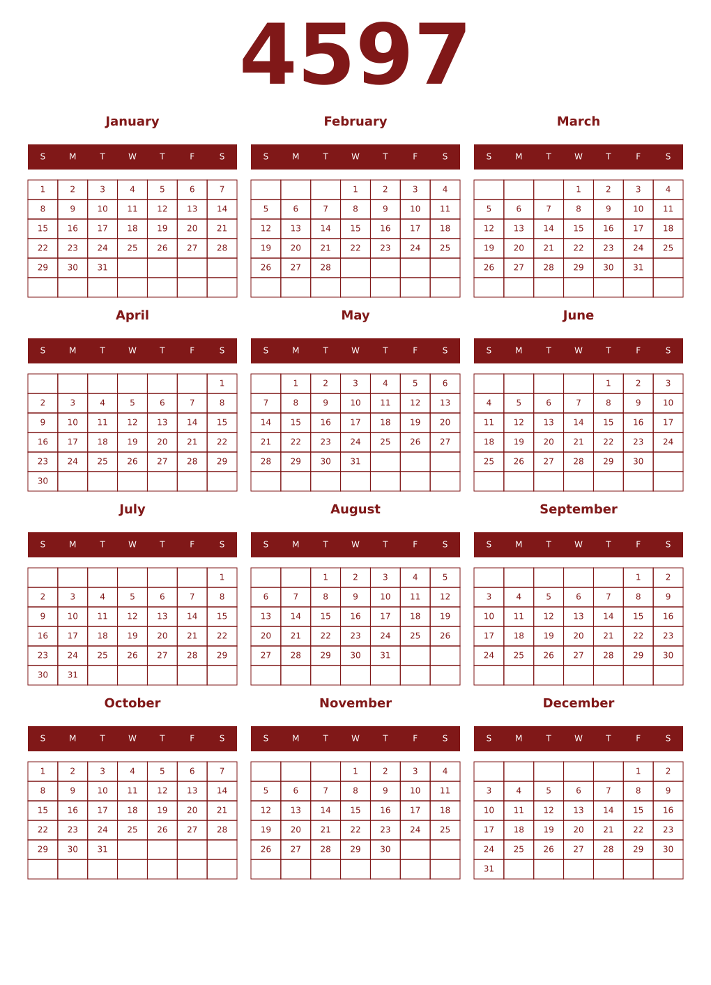 Printable 4597 Year Calendars falu