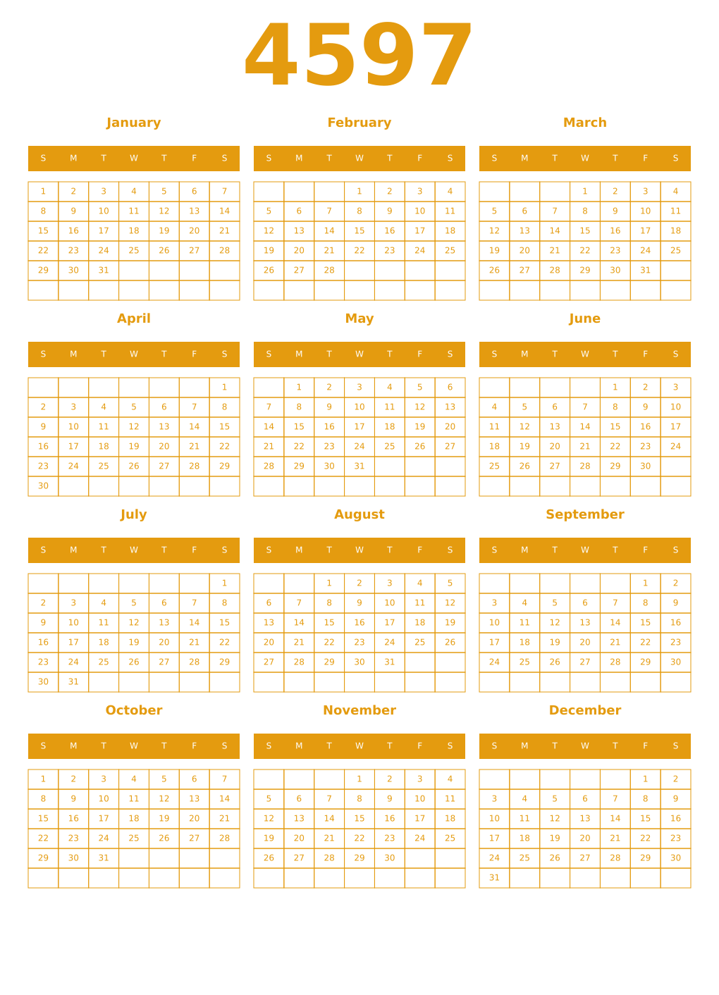 Printable 4597 Year Calendars gamboge