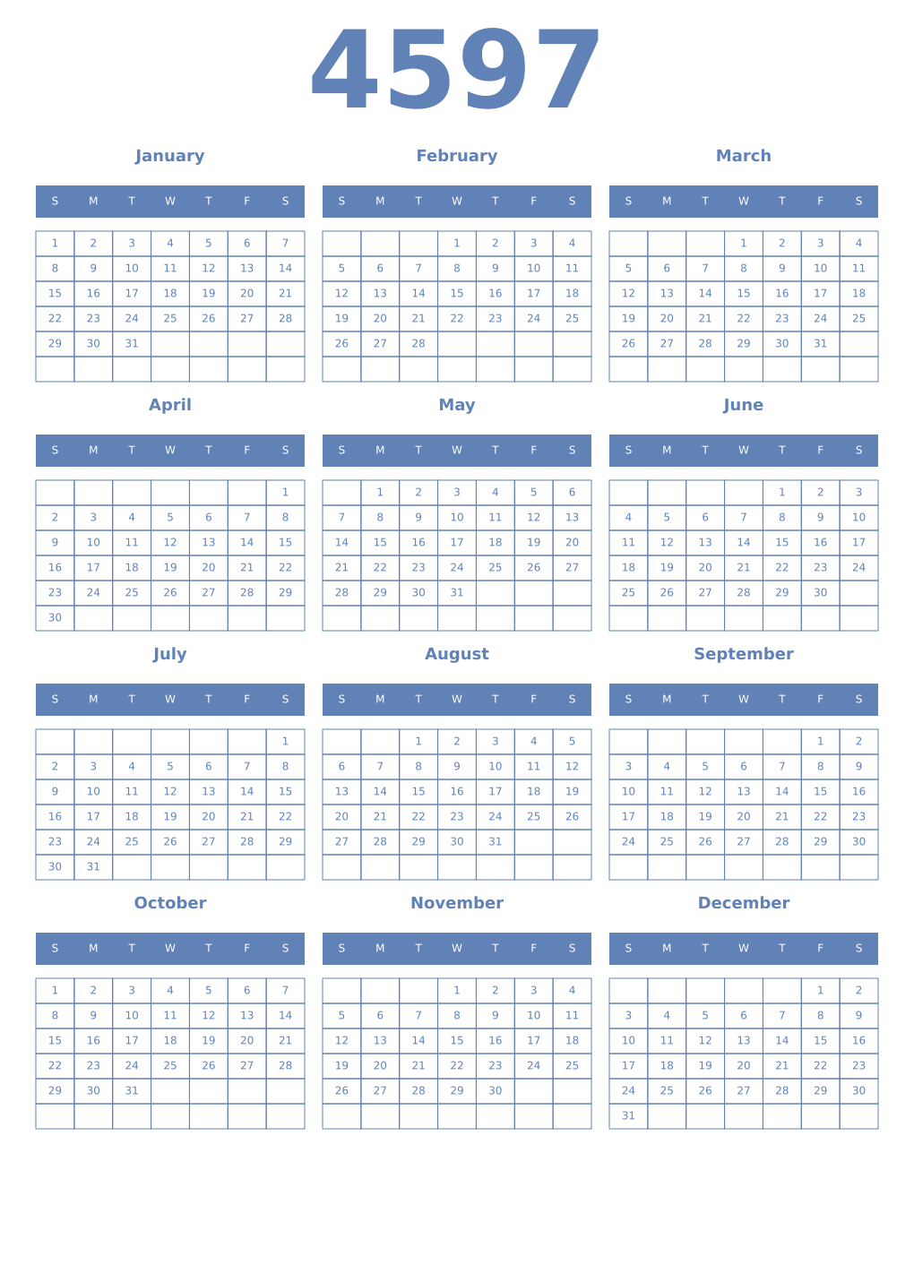 Printable 4597 Year Calendars glaucous