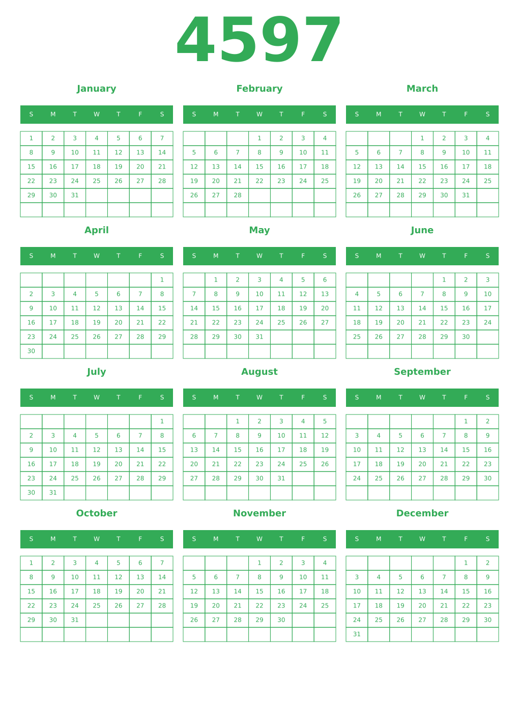 Printable 4597 Year Calendars green