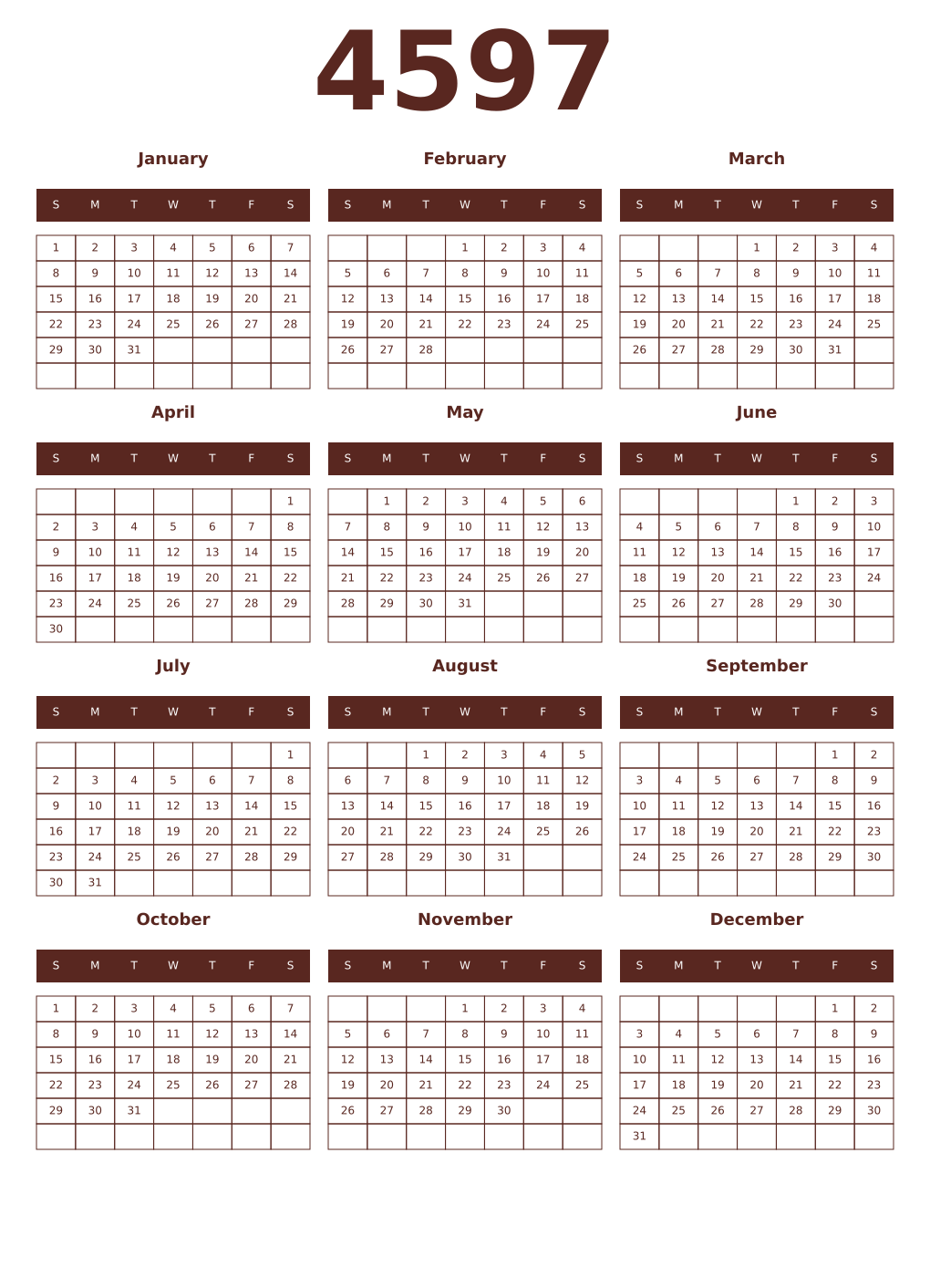 Printable 4597 Year Calendars mortuum