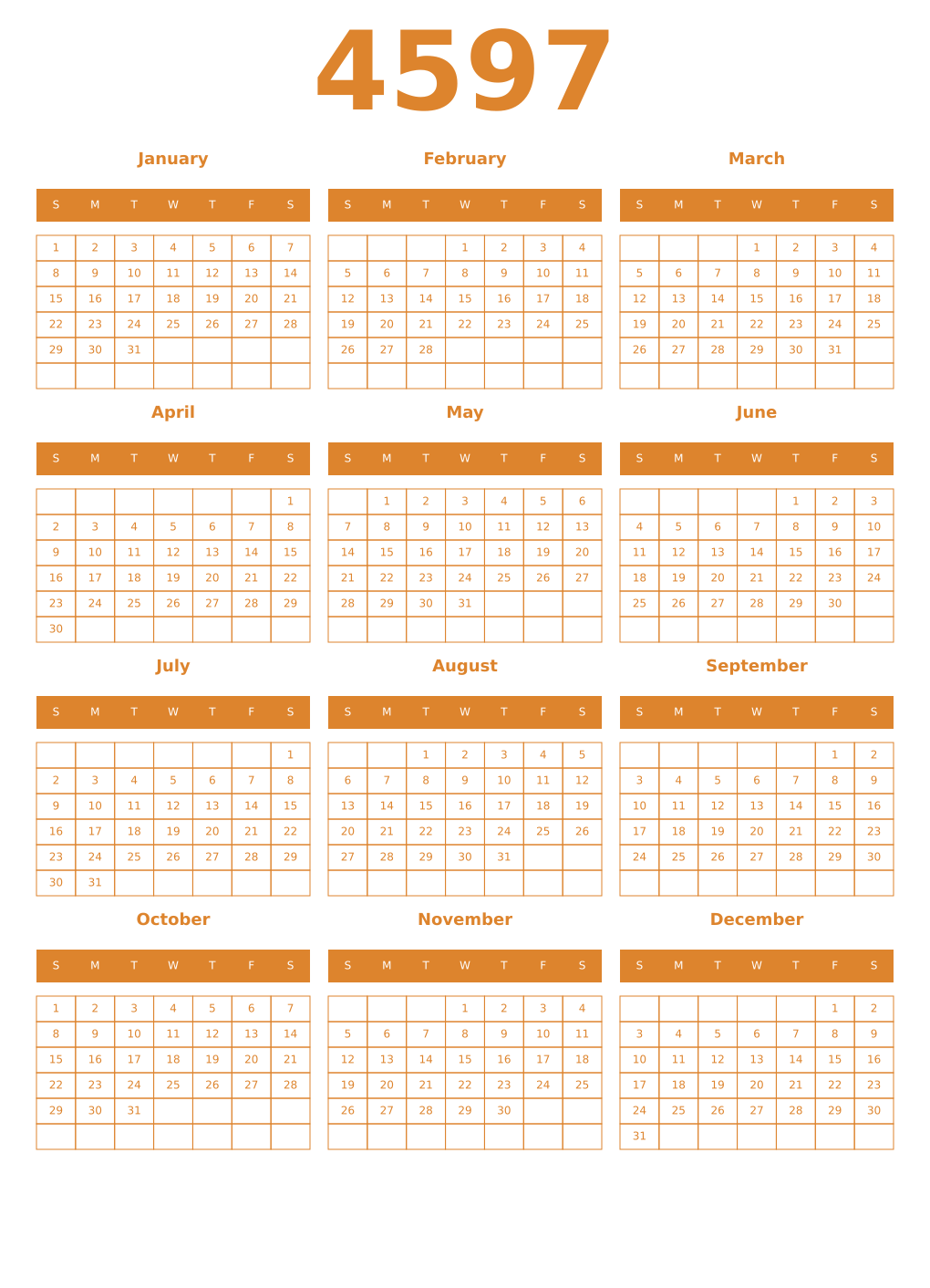 Printable 4597 Year Calendars orange