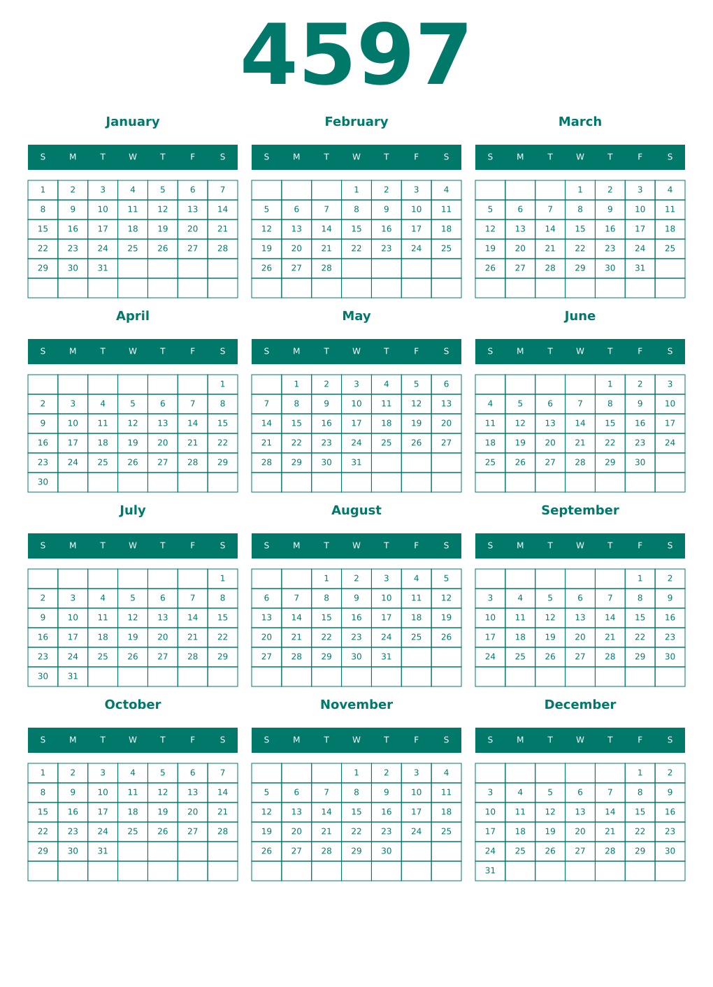 Printable 4597 Year Calendars pastel