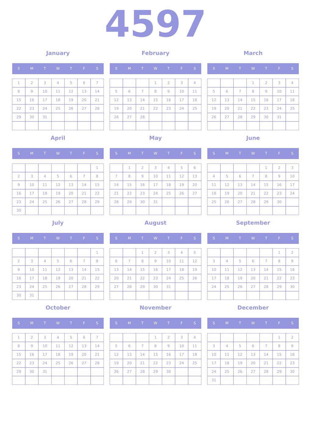 Printable 4597 Year Calendars periwinkle