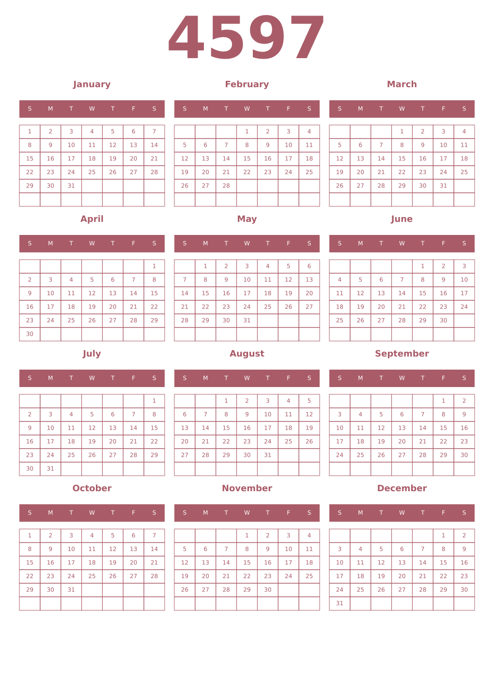 Printable 4597 Year Calendars puce