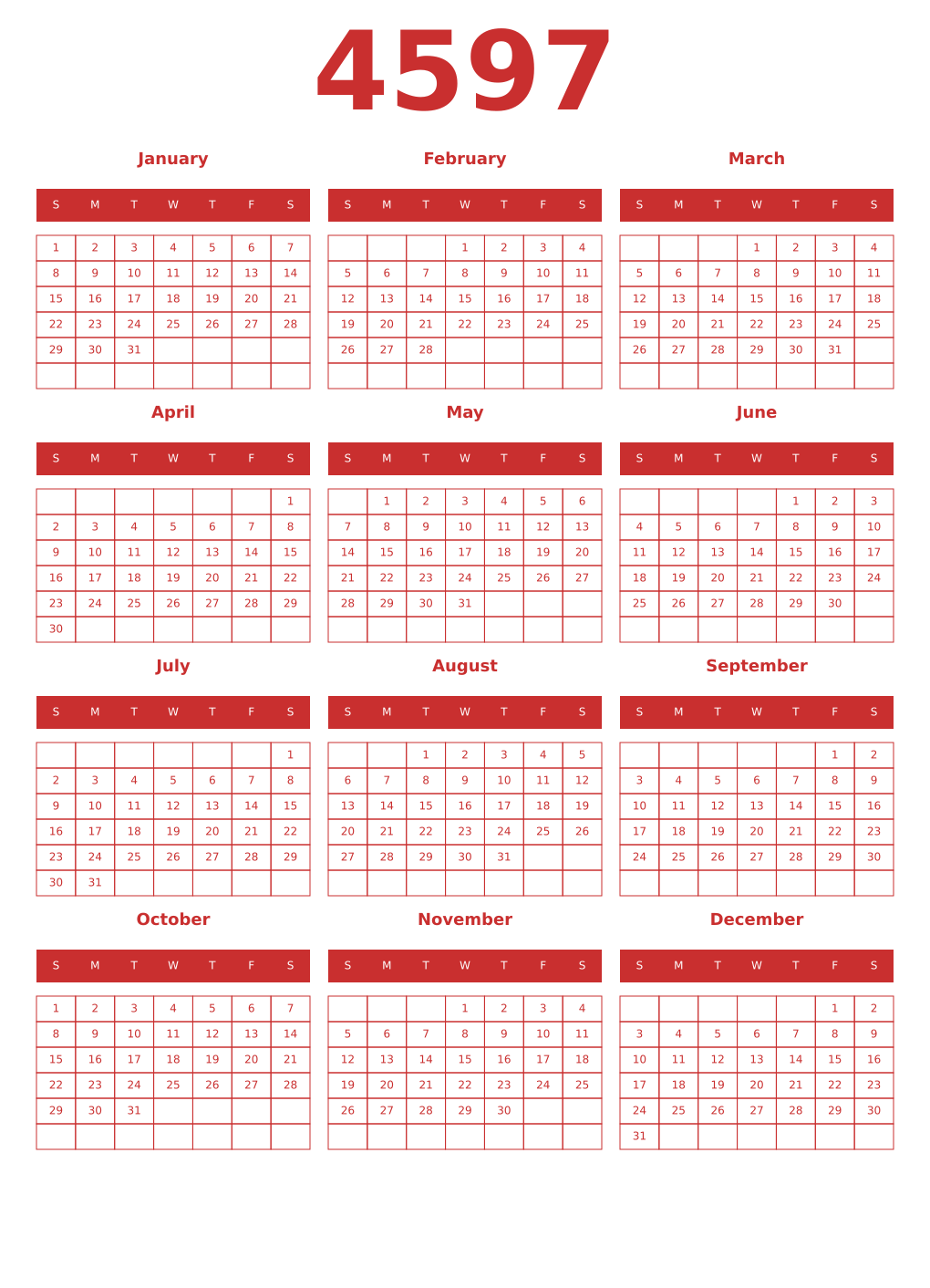 Printable 4597 Year Calendars red
